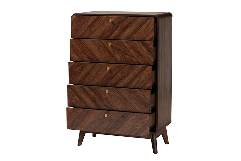 Sorrento Mid-Century Walnut Brown Finished Wood 5-Drawer Storage Chest
