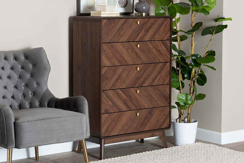 Sorrento Mid-Century Walnut Brown Finished Wood 5-Drawer Storage Chest