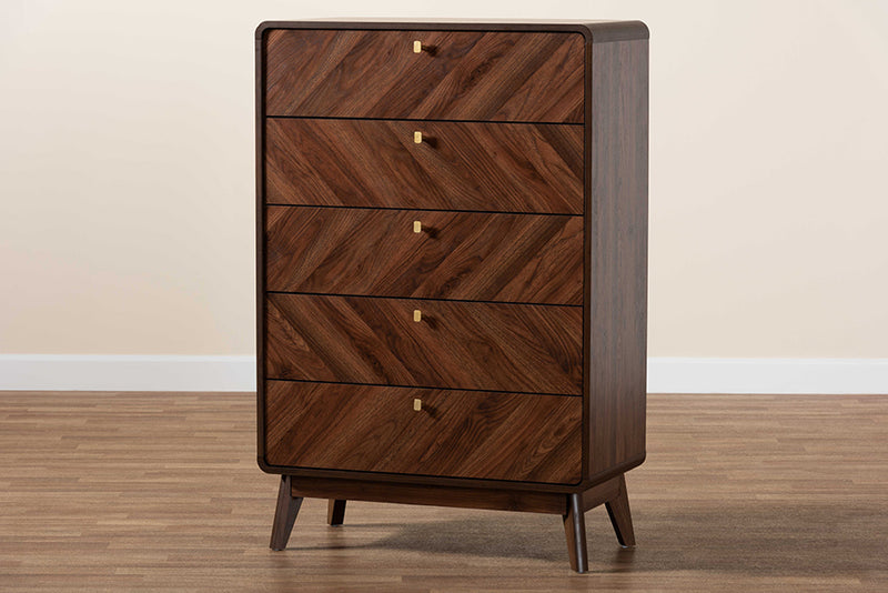 Sorrento Mid-Century Walnut Brown Finished Wood 5-Drawer Storage Chest