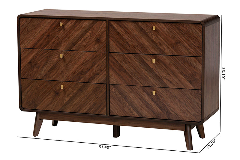 Sorrento Mid-Century Walnut Brown Finished Wood 6-Drawer Dresser