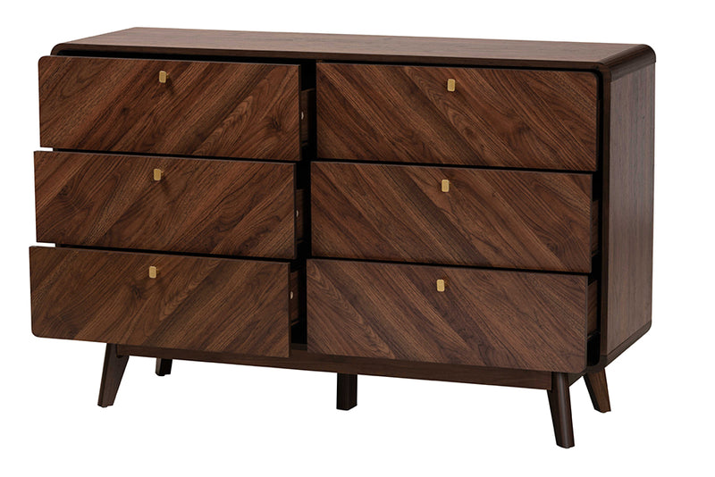 Sorrento Mid-Century Walnut Brown Finished Wood 6-Drawer Dresser