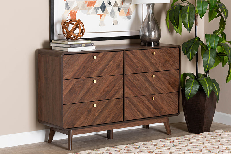 Sorrento Mid-Century Walnut Brown Finished Wood 6-Drawer Dresser