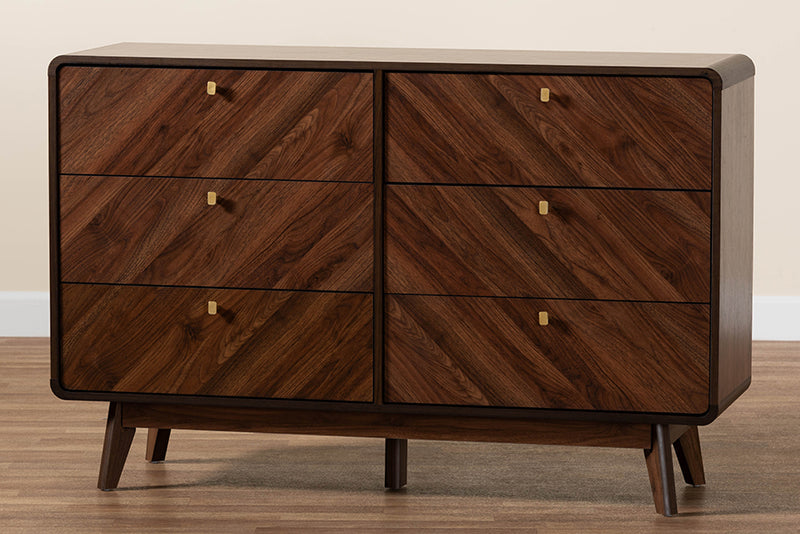 Sorrento Mid-Century Walnut Brown Finished Wood 6-Drawer Dresser