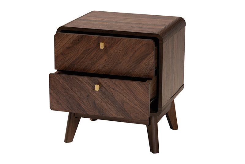 Sorrento Mid-Century Walnut Brown Finished Wood 2-Drawer Nightstand