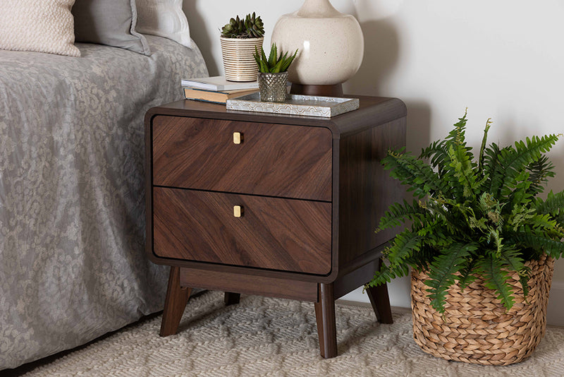 Sorrento Mid-Century Walnut Brown Finished Wood 2-Drawer Nightstand