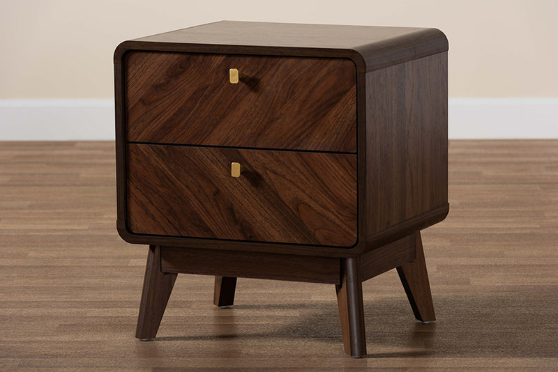 Sorrento Mid-Century Walnut Brown Finished Wood 2-Drawer Nightstand