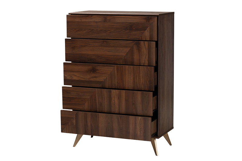 Raisa Mid-Century Walnut Brown Finished Wood 5-Drawer Storage Chest