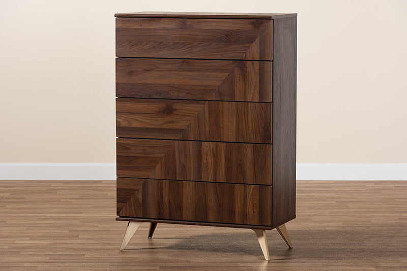 Raisa Mid-Century Walnut Brown Finished Wood 5-Drawer Storage Chest