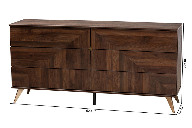 Raisa Mid-Century Walnut Brown Finished Wood 6-Drawer Dresser