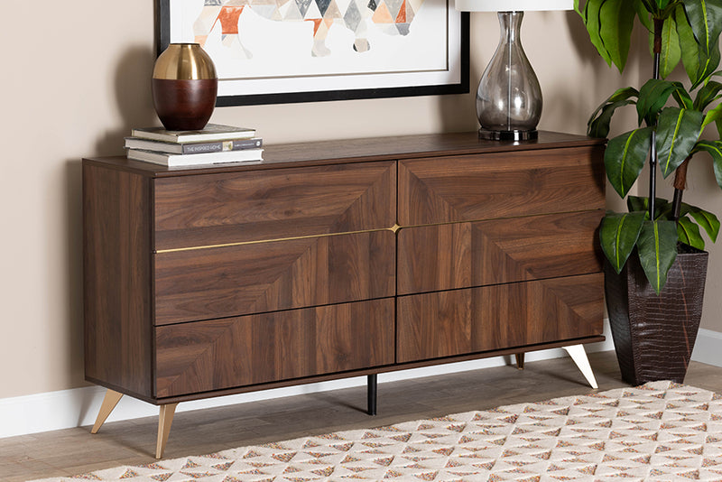 Raisa Mid-Century Walnut Brown Finished Wood 6-Drawer Dresser