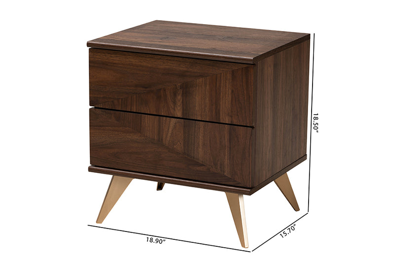 Raisa Mid-Century Walnut Brown Finished Wood 2-Drawer Nightstand