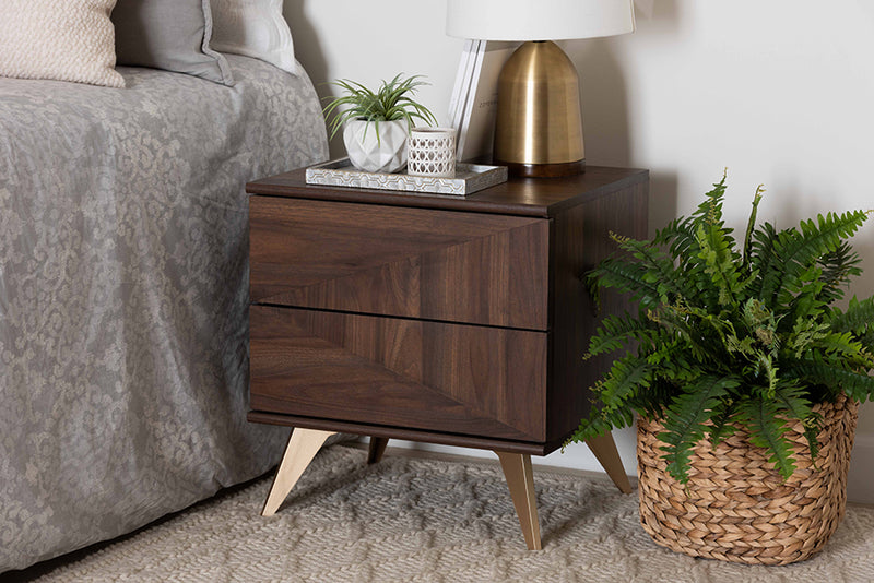 Raisa Mid-Century Walnut Brown Finished Wood 2-Drawer Nightstand