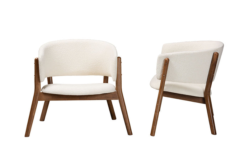 Nori Cream Boucle Fabric Walnut Brown Finished 2Pc Accent Chair Set Baxton