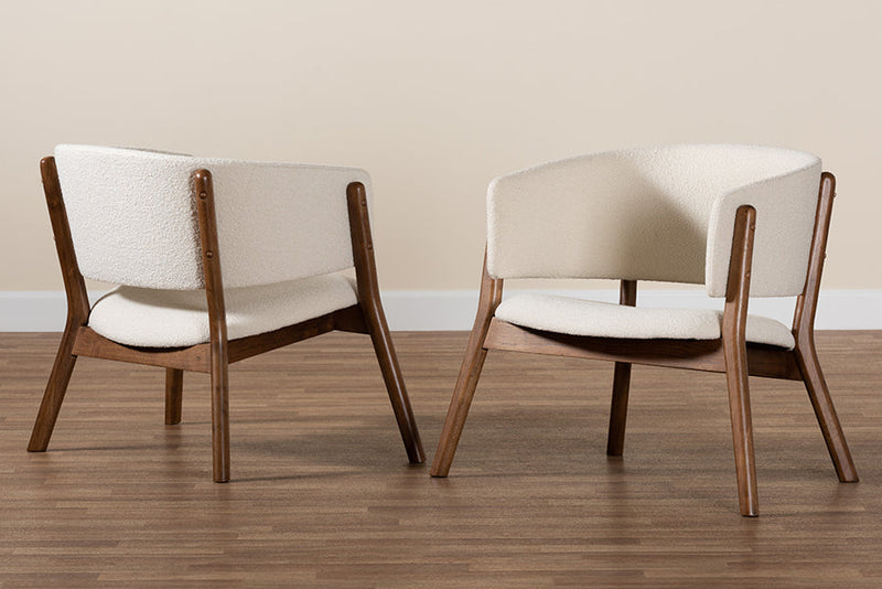 Nori Cream Boucle Fabric Walnut Brown Finished 2Pc Accent Chair Set Baxton