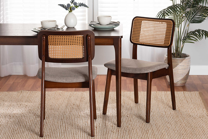 Emerson Mid-Century Modern Gray Fabric and Walnut Brown Finished Wood 2-Piece Dining Chair Set