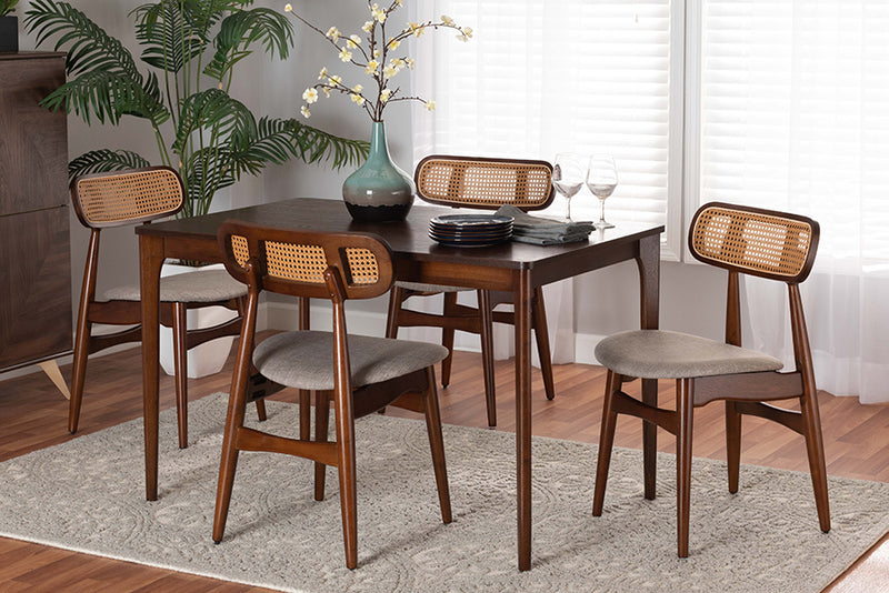 Nitza Mid-Century Modern Gray Fabric and Walnut Brown Finished Wood 5-Piece Dining Set