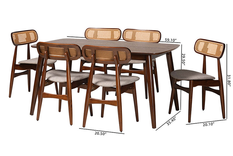 Nitza Gray Fabric and Walnut Brown 7-Piece Dining Set Baxton