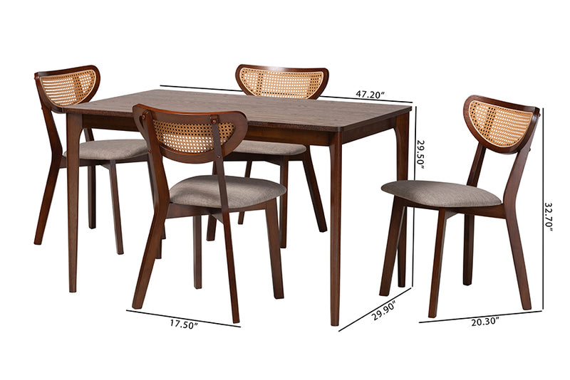 Wren Mid-Century Modern Gray Fabric and Walnut Brown Finished Wood 5-Piece Dining Set