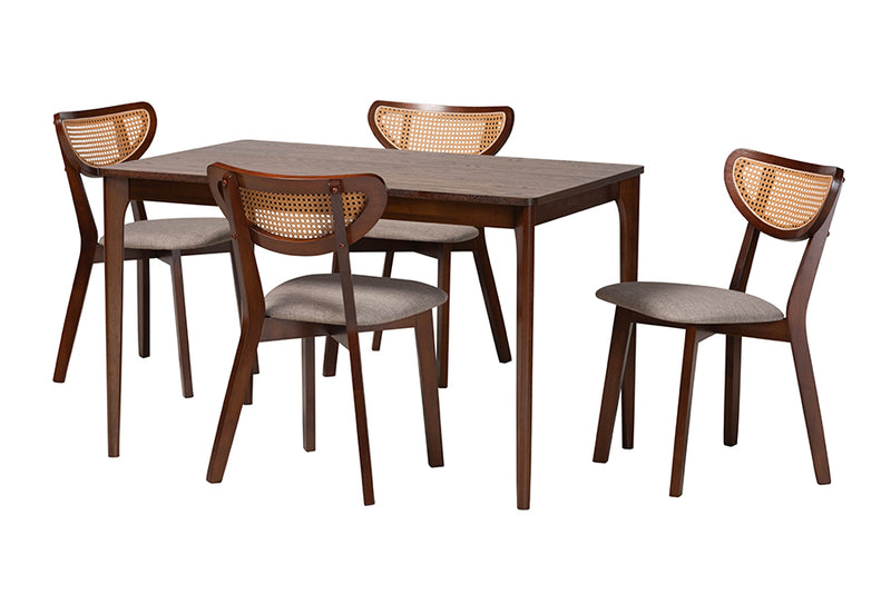 Wren Mid-Century Modern Gray Fabric and Walnut Brown Finished Wood 5-Piece Dining Set