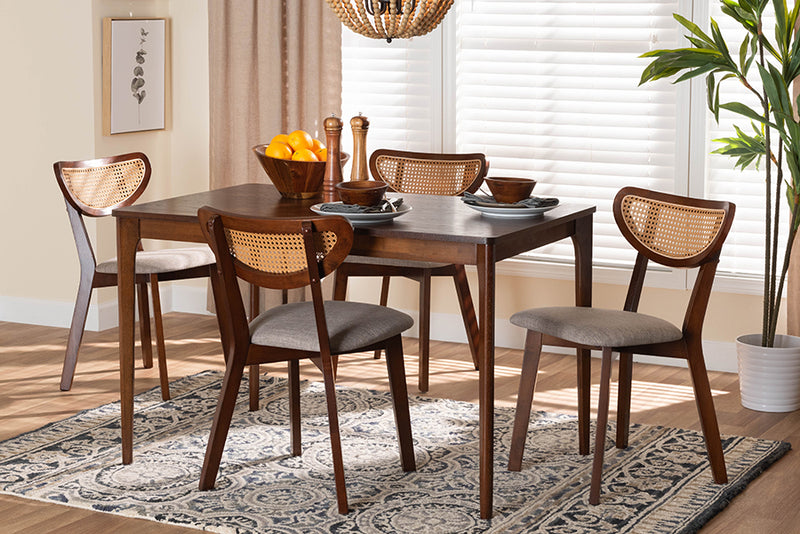 Wren Mid-Century Modern Gray Fabric and Walnut Brown Finished Wood 5-Piece Dining Set