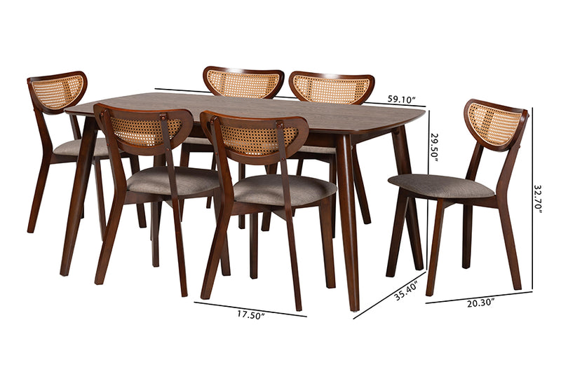 Wren Mid-Century Modern Gray Fabric and Walnut Brown Finished Wood 7-Piece Dining Set