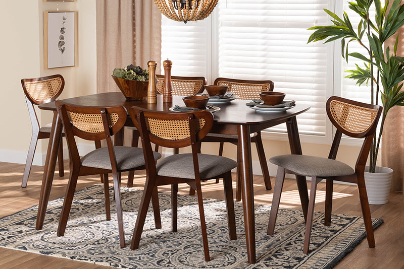 Wren Mid-Century Modern Gray Fabric and Walnut Brown Finished Wood 7-Piece Dining Set