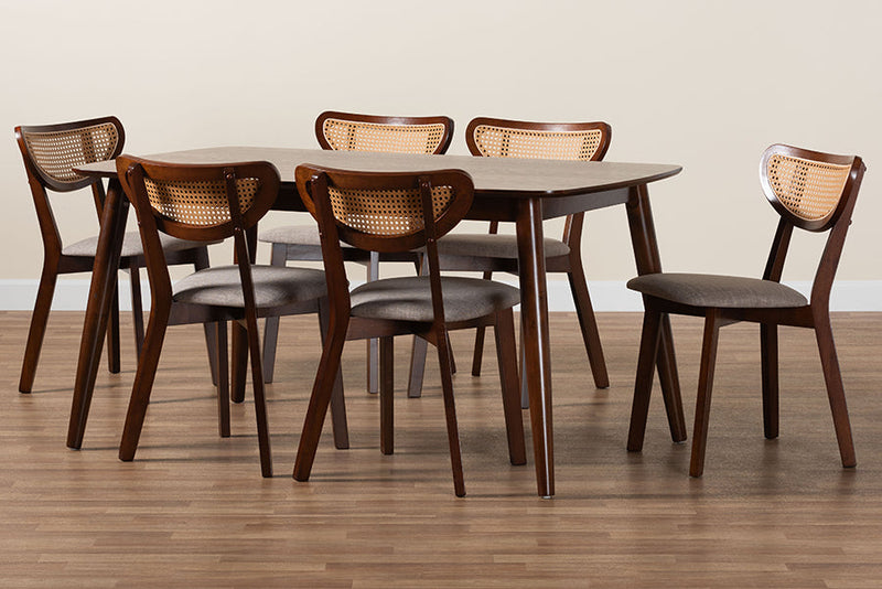 Wren Gray Fabric and Walnut Brown 7-Piece Dining Set Baxton