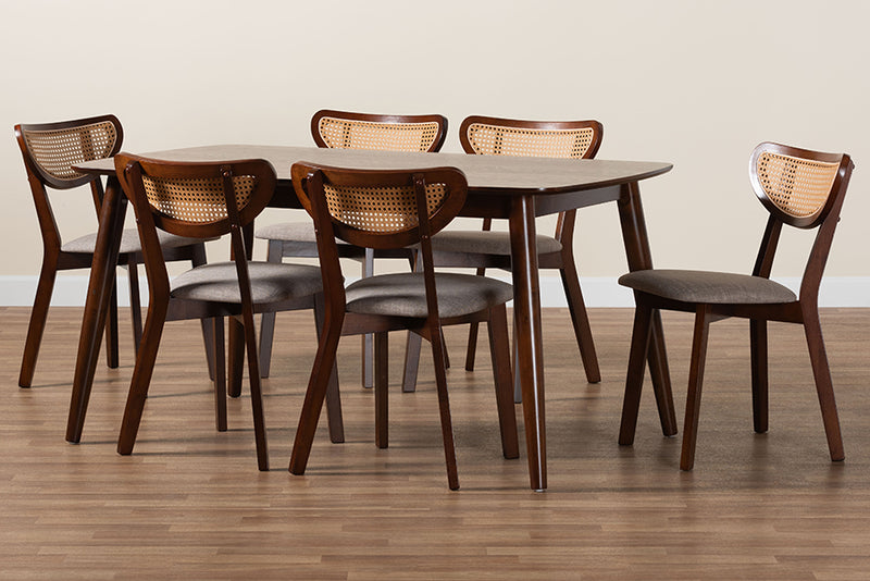 Wren Mid-Century Modern Gray Fabric and Walnut Brown Finished Wood 7-Piece Dining Set