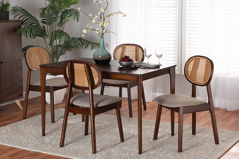 Warren Mid-Century Modern Gray Fabric and Walnut Brown Finished Wood 5-Piece Dining Set