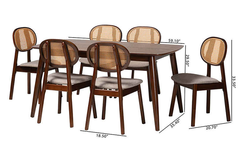 Warren Mid-Century Modern Gray Fabric and Walnut Brown Finished Wood 7-Piece Dining Set