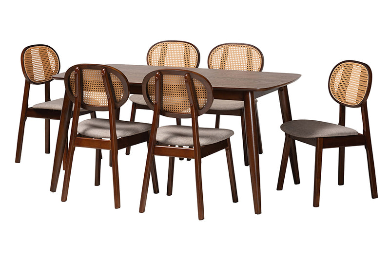 Warren Mid-Century Modern Gray Fabric and Walnut Brown Finished Wood 7-Piece Dining Set