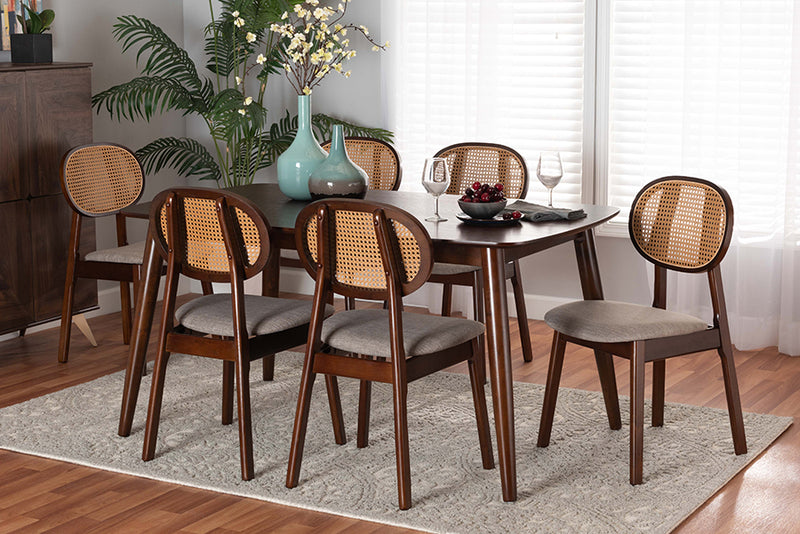 Warren Mid-Century Modern Gray Fabric and Walnut Brown Finished Wood 7-Piece Dining Set