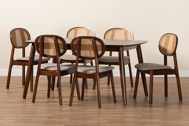 Warren Gray Fabric and Walnut Brown 7-Piece Dining Set Baxton