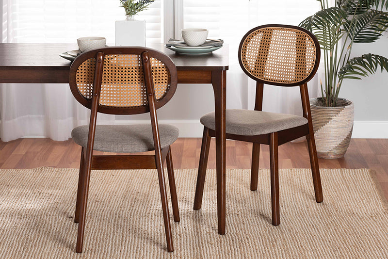 Warren Mid-Century Modern Gray Fabric and Walnut Brown Finished Wood 2-Piece Dining Chair Set