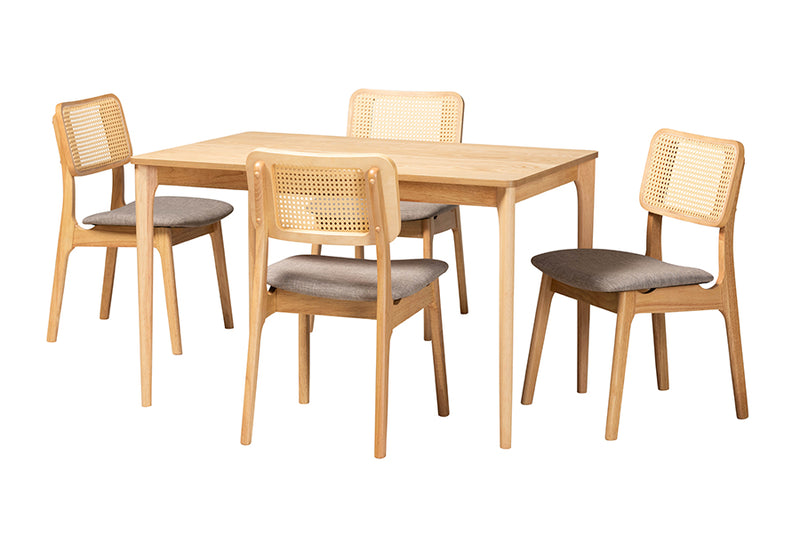 Emerson Mid-Century Modern Gray Fabric and Natural Oak Finished Wood 5-Piece Dining Set