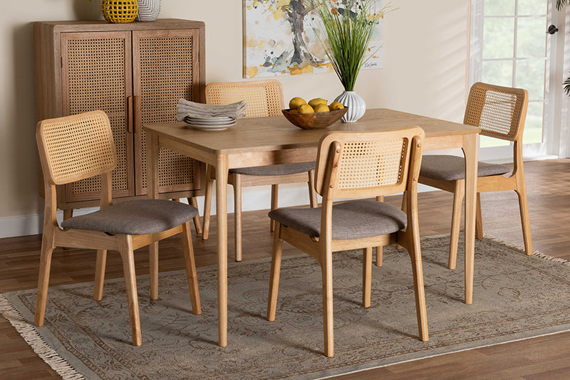 Emerson Mid-Century Modern Gray Fabric and Natural Oak Finished Wood 5-Piece Dining Set