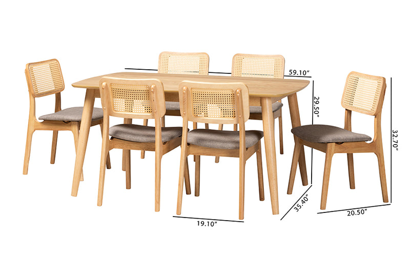 Emerson Mid-Century Modern Gray Fabric and Natural Oak Finished Wood 7-Piece Dining Set