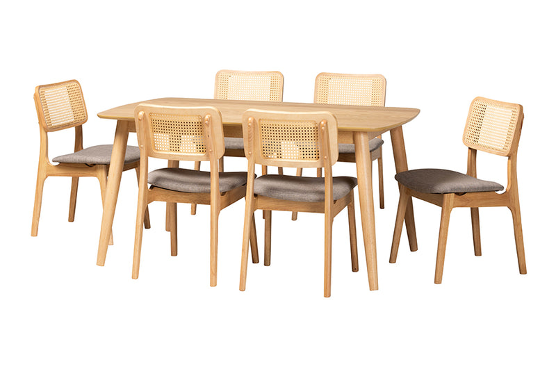 Emerson Mid-Century Modern Gray Fabric and Natural Oak Finished Wood 7-Piece Dining Set