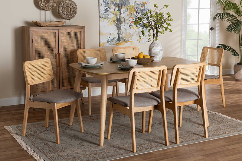 Emerson Mid-Century Modern Gray Fabric and Natural Oak Finished Wood 7-Piece Dining Set