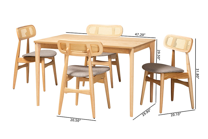 Nitza Mid-Century Modern Gray Fabric and Natural Oak Finished Wood 5-Piece Dining Set