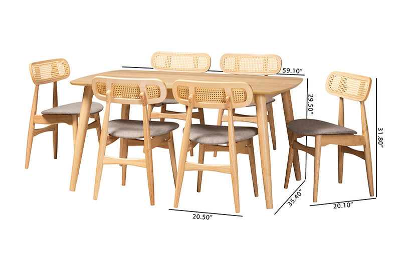 Nitza Mid-Century Modern Gray Fabric and Natural Oak Finished Wood 7-Piece Dining Set