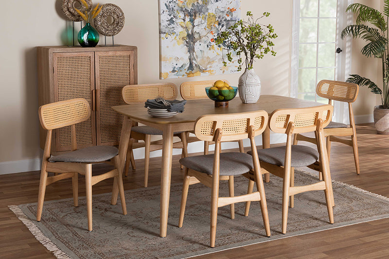 Nitza Mid-Century Modern Gray Fabric and Natural Oak Finished Wood 7-Piece Dining Set