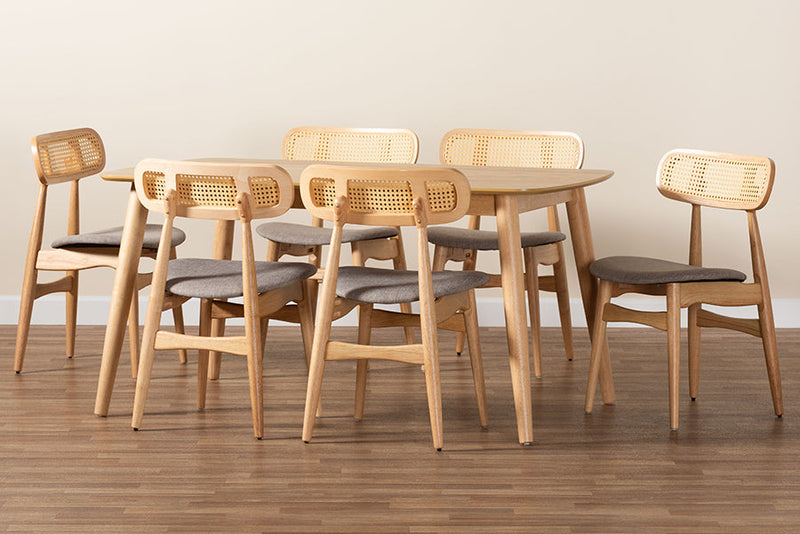 Nitza Gray Fabric and Natural Oak 7-Piece Dining Set Baxton