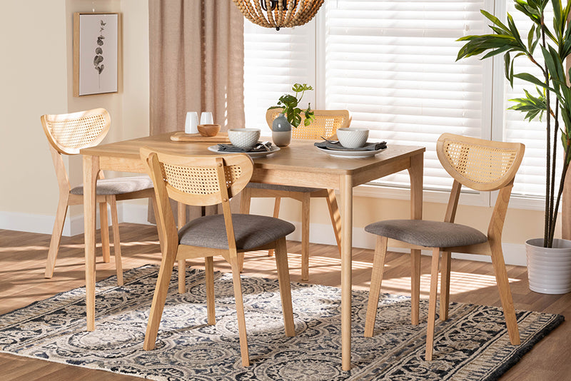 Wren Mid-Century Modern Gray Fabric and Natural Oak Finished Wood 5-Piece Dining Set