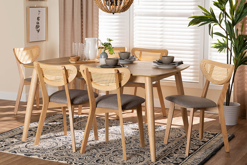 Wren Mid-Century Modern Gray Fabric and Natural Oak Finished Wood 7-Piece Dining Set