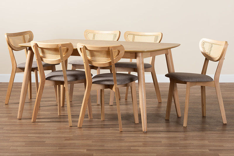 Wren Gray Fabric and Natural Oak 7-Piece Dining Set Baxton