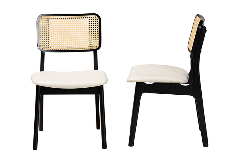 Emerson Mid-Century Modern Cream Fabric and Black Finished Wood 2-Piece Dining Chair Set