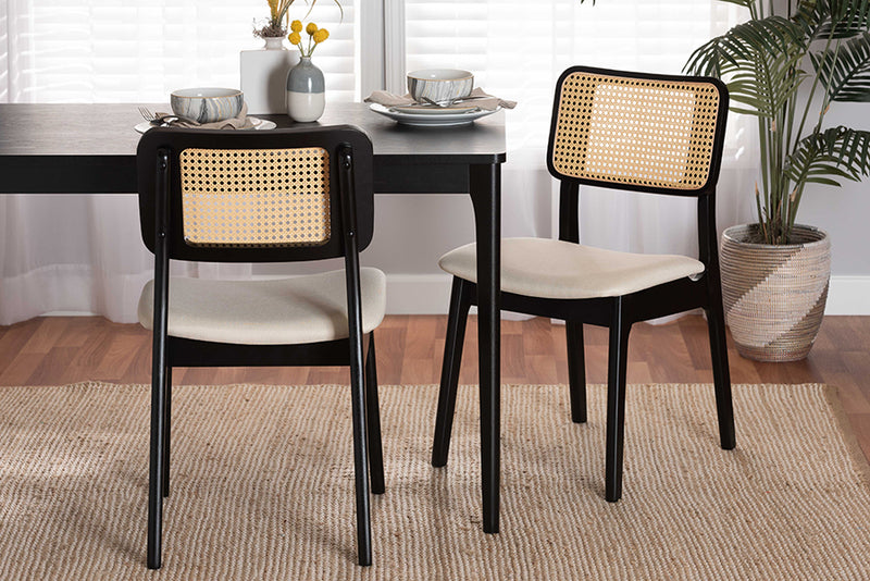 Emerson Mid-Century Modern Cream Fabric and Black Finished Wood 2-Piece Dining Chair Set