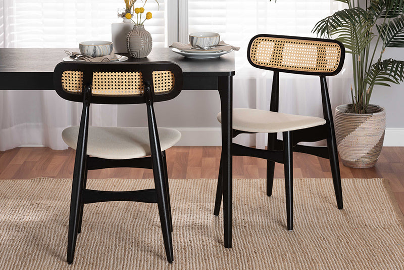 Nitza Mid-Century Modern Cream Fabric and Black Finished Wood 2-Piece Dining Chair Set