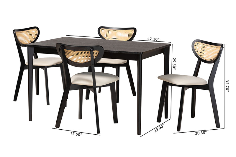 Wren Mid-Century Modern Cream Fabric and Black Finished Wood 5-Piece Dining Set